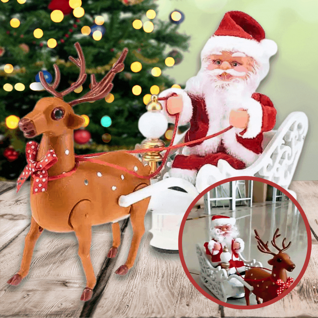 Jucărie Interactivă Muzicală Mos Crăciun cu Săniuță și Ren, 30×18×10cm