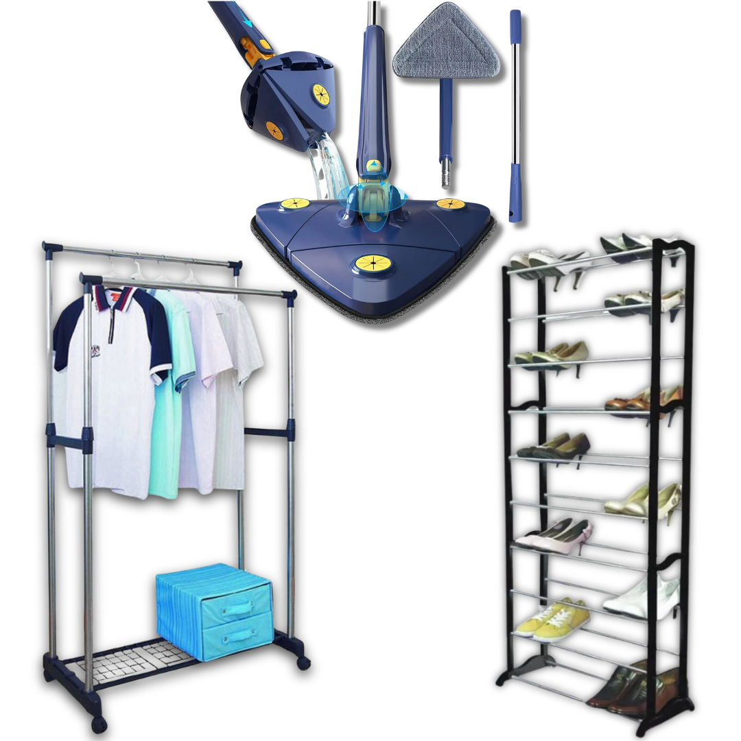 Oferta Specială 3în1: Mop Microfiber 360° Rotativ, Raft pentru Pantofi cu 10 Niveluri și Umeraș din Oțel Inoxidabil cu Două Bare Reglabile