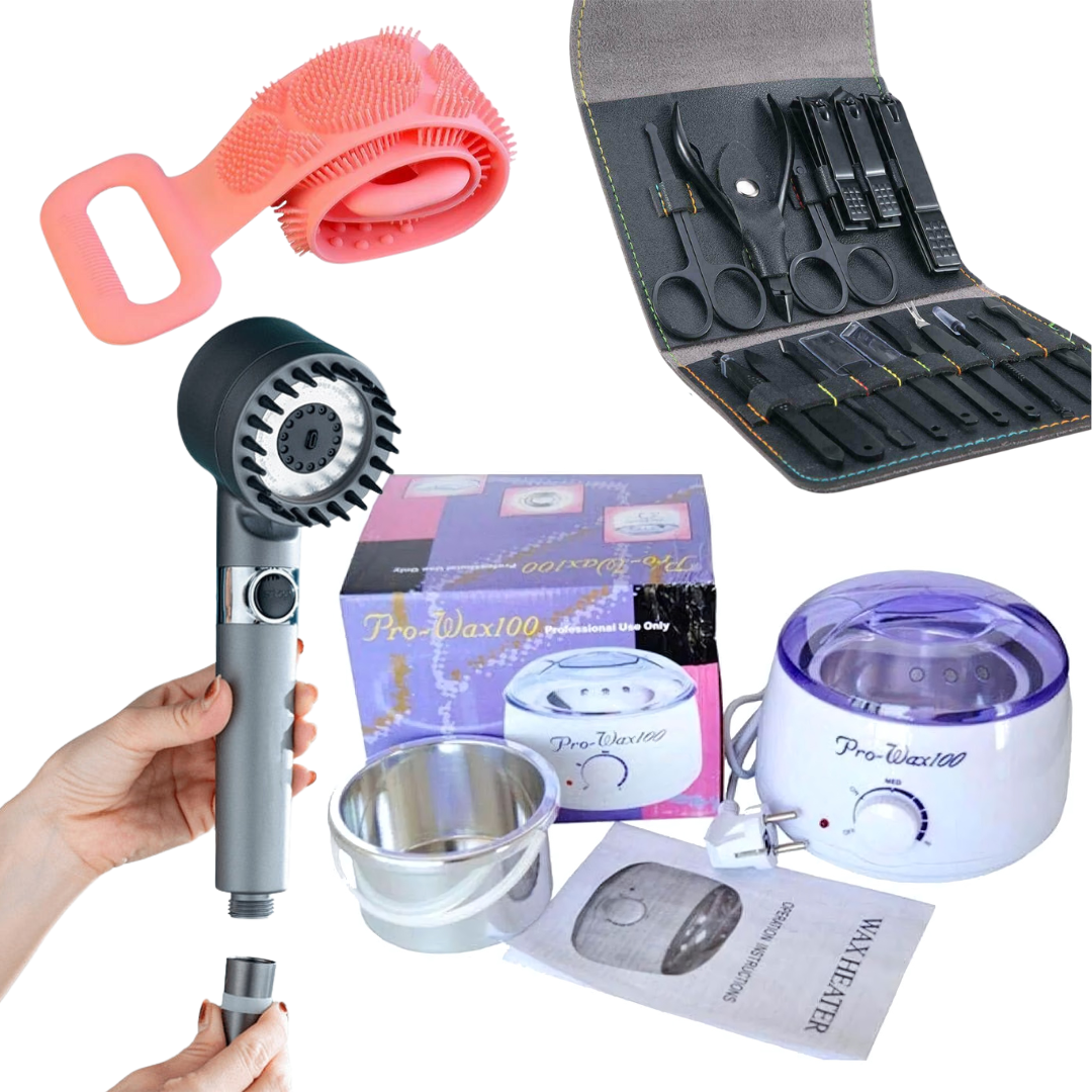 Oferta Specială 4în1: Încălzitor de Ceară, Trusă de Manichiură cu 16 Piese, Perie de Silicon Exfoliantă pentru Duș și Sistem de Duș Spa