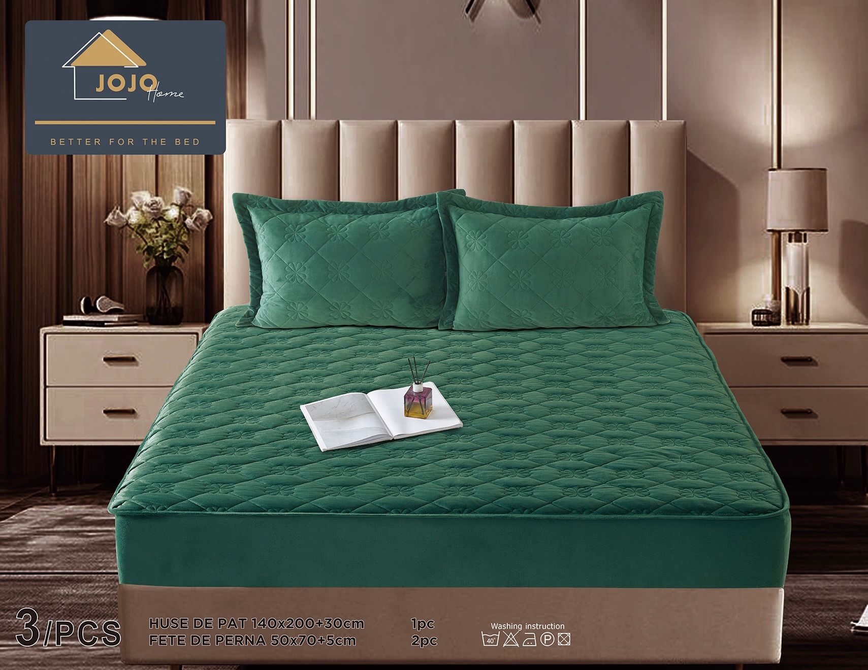 Husa de pat matlasata si 2 fete de perne din catifea, cu elastic, model tip topper, pentru saltea 140x200 cm, verde