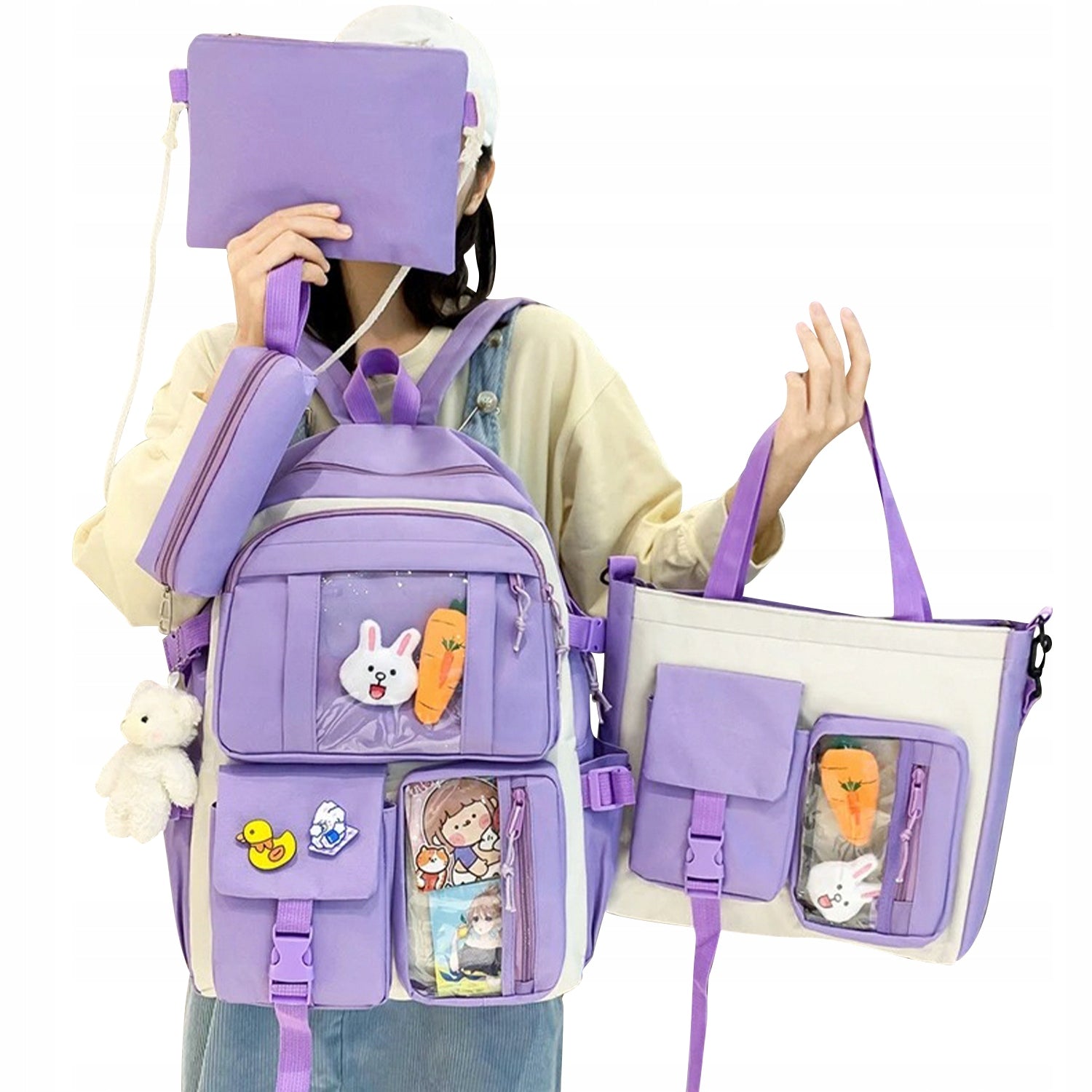 Set 4-in-1 pentru Scolari sau Prescolari - (rucsac, geanta de umar, plic elegant, penar), culoare VIOLET cu IEPURAS, Cod AVX-WT-BUNN-VIOLET-3