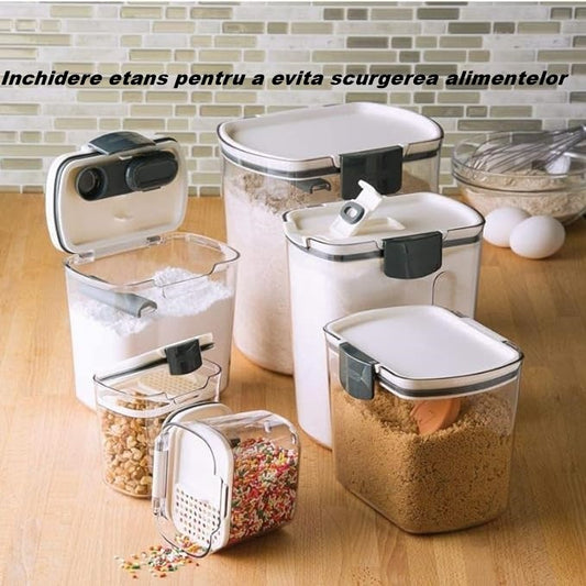 Set 4 Recipiente Depozitare Alimente, Flippy, pentru Organizare Bucatarie, cu Inchidere Ermetica, Transparent, Plastic fara BPA, Compatibile cu Masina de Spalat Vase, Diferite Dimensiuni, 350 ml, 1300 ml, 2700 ml, 4600 ml-1