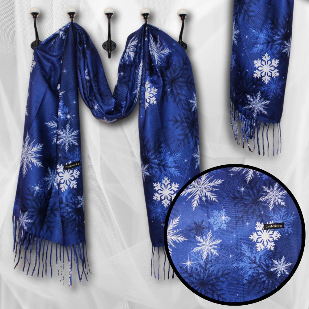 Esarfa Casmir de Crăciun cu Model Fulgi de Zăpadă - Albastru