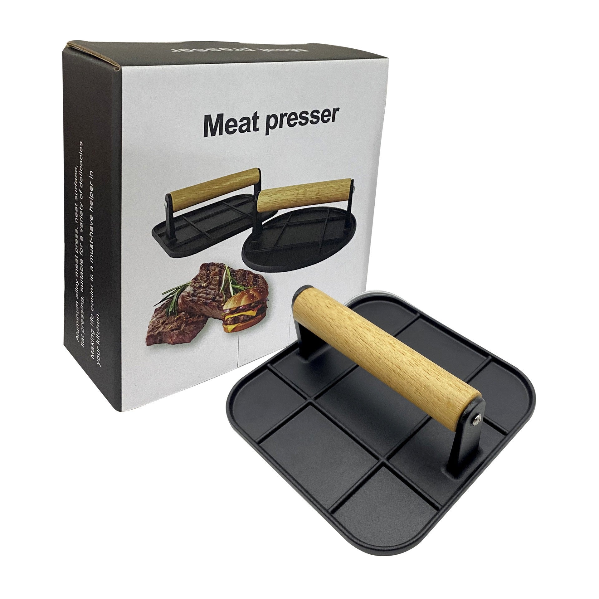 Presa Manuala pentru Carne, Flippy, din Aliaj de Aluminiu, Maner din Lemn, Presa pentru Burgeri, Usor de Curatat si Folosit, Patrata, 16x16x6 cm, Neagra-5