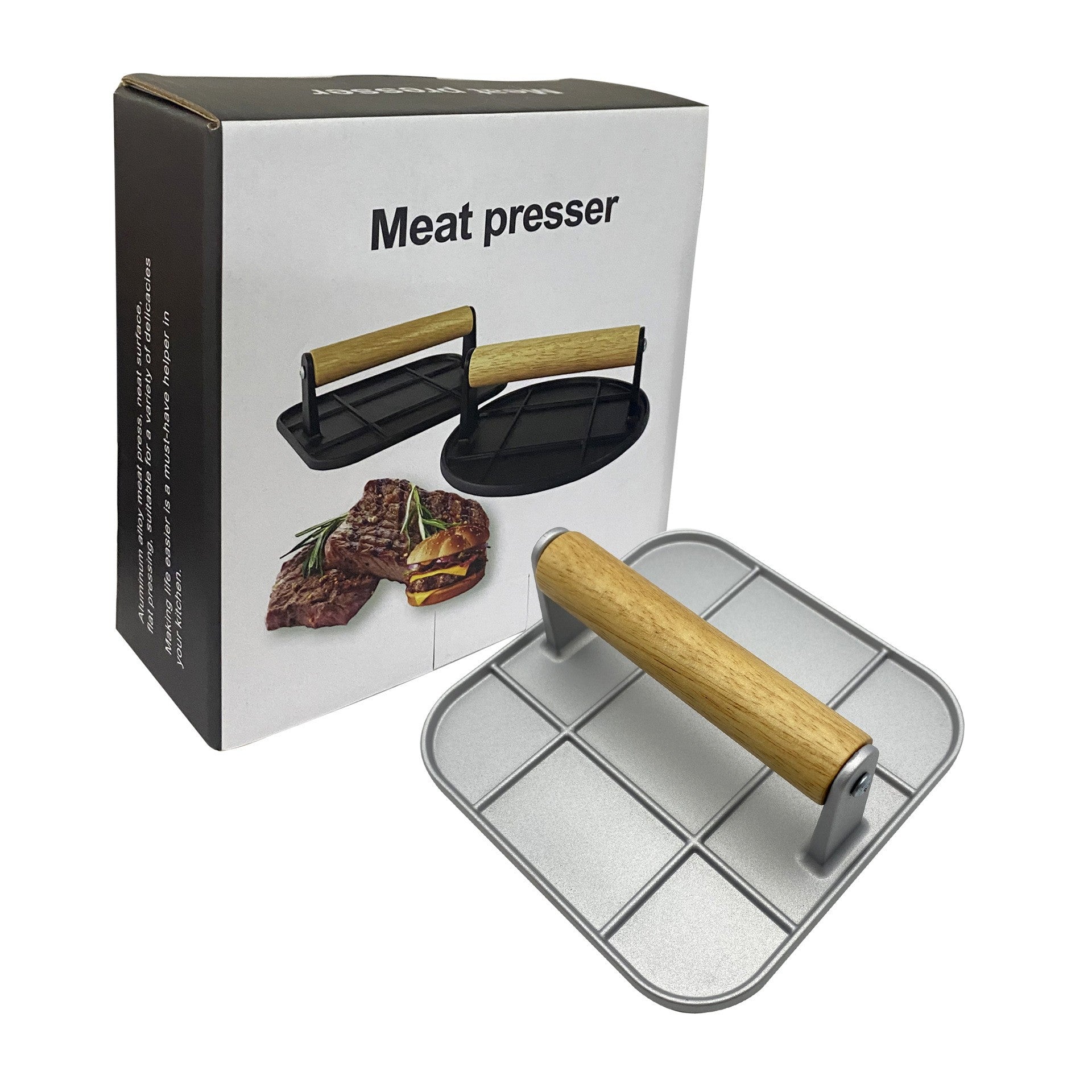 Presa Manuala pentru Carne, Flippy, din Aliaj de Aluminiu, Maner din Lemn, Presa pentru Burgeri, Usor de Curatat si Folosit, Patrata, 16x16x6 cm, Gri-2
