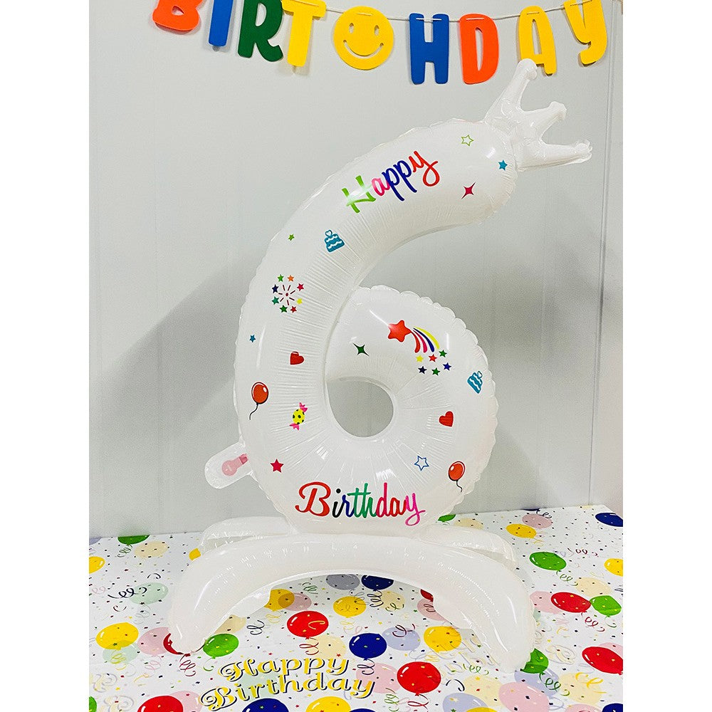 Balon din Folie Metalizata, Flippy, Figurina Cifra, Model 6 cu Happy Birthday Scris, Tema Aniversare 81 cm, Ambalaj Individual, Pai Inclus, Umflare cu Aer sau Heliu, Alb-0