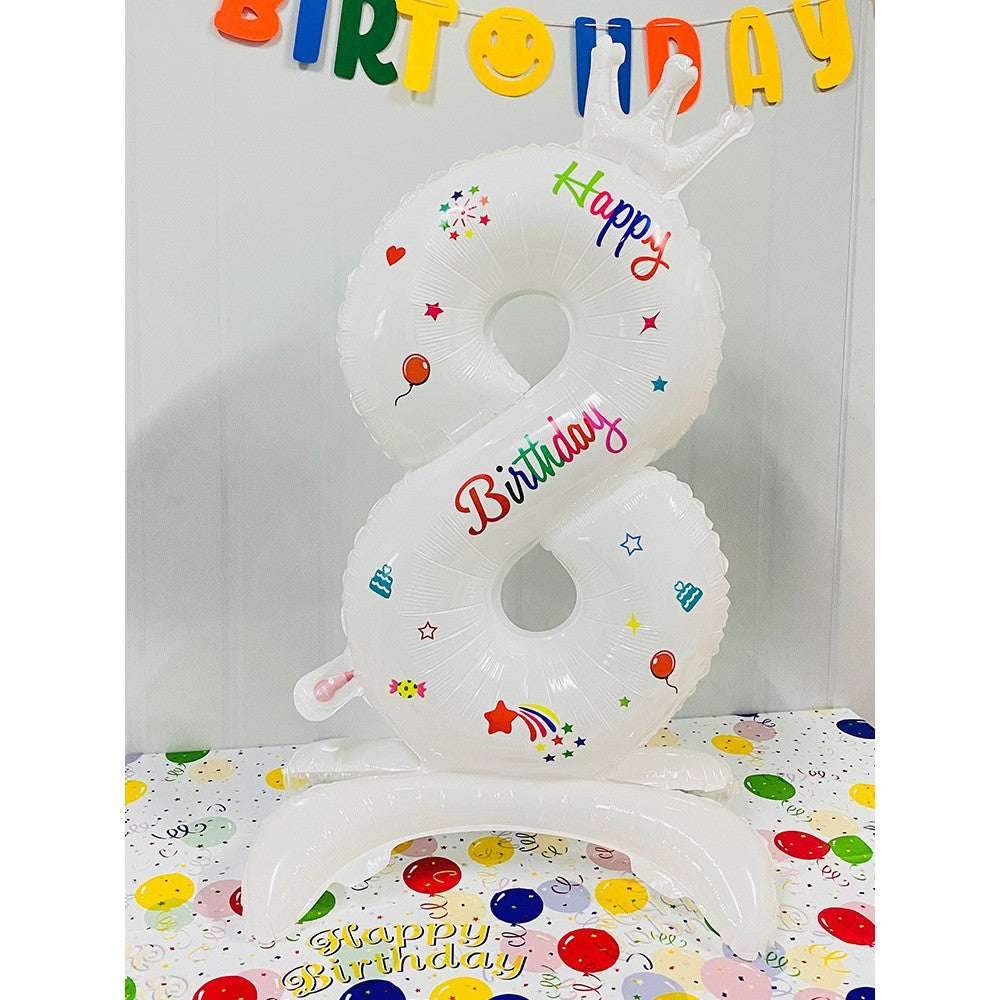 Balon din Folie Metalizata, Flippy, Figurina Cifra, Model 8 cu Happy Birthday Scris, Tema Aniversare 81 cm, Ambalaj Individual, Pai Inclus, Umflare cu Aer sau Heliu, Alb-0