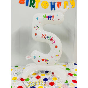 Balon din Folie Metalizata, Flippy, Figurina Cifra, Model 5 cu Happy Birthday Scris, Tema Aniversare 81 cm, Ambalaj Individual, Pai Inclus, Umflare cu Aer sau Heliu, Alb-0