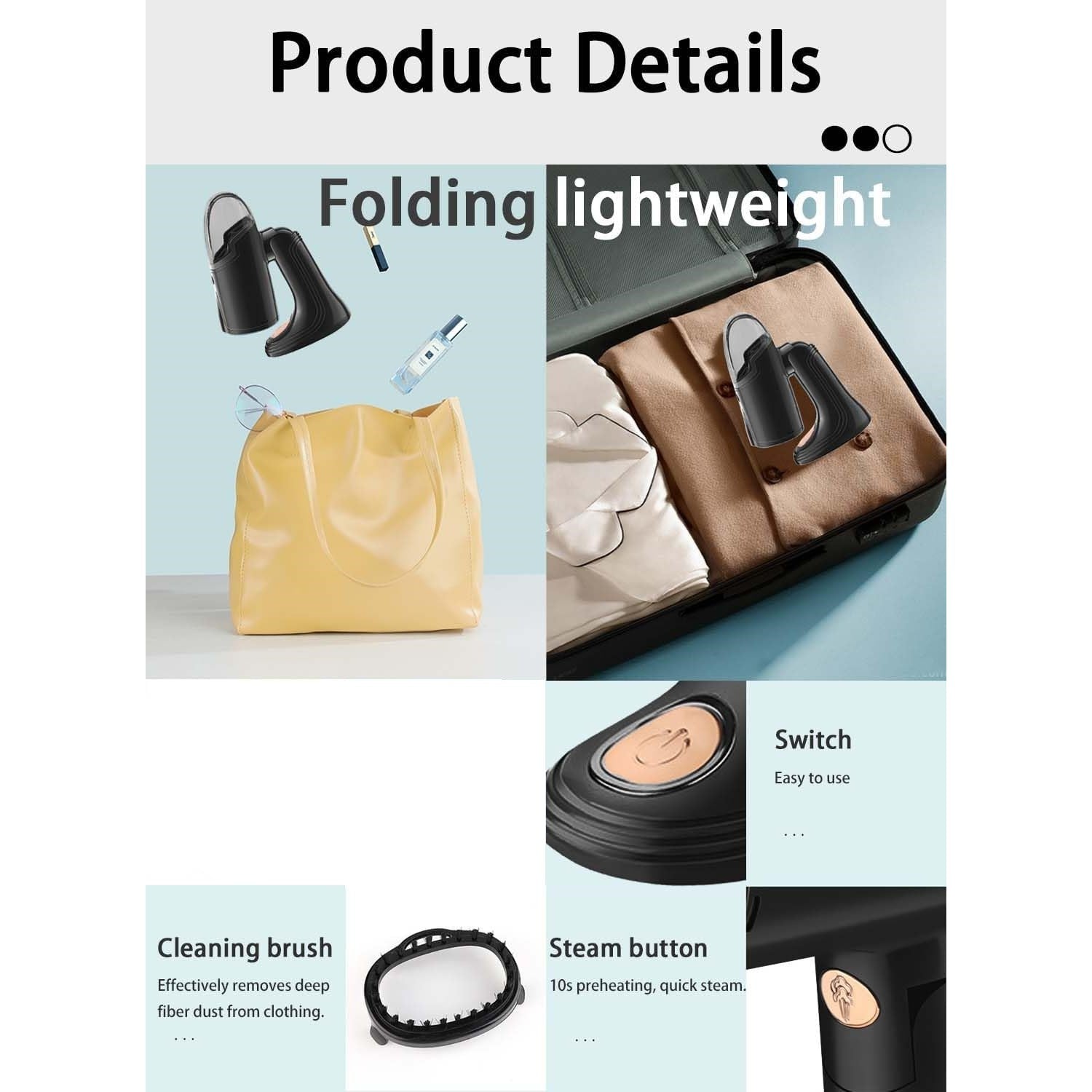 Aparat de Calcat Vertical Portabil cu Abur, Flippy, Putere 1500W, Rezervor Detasabil de 138ml, Priza, Functie Anti Calcar si Auto Curatare, Pliabil, cu Perie, 20x10.5x8 cm, Negru-3