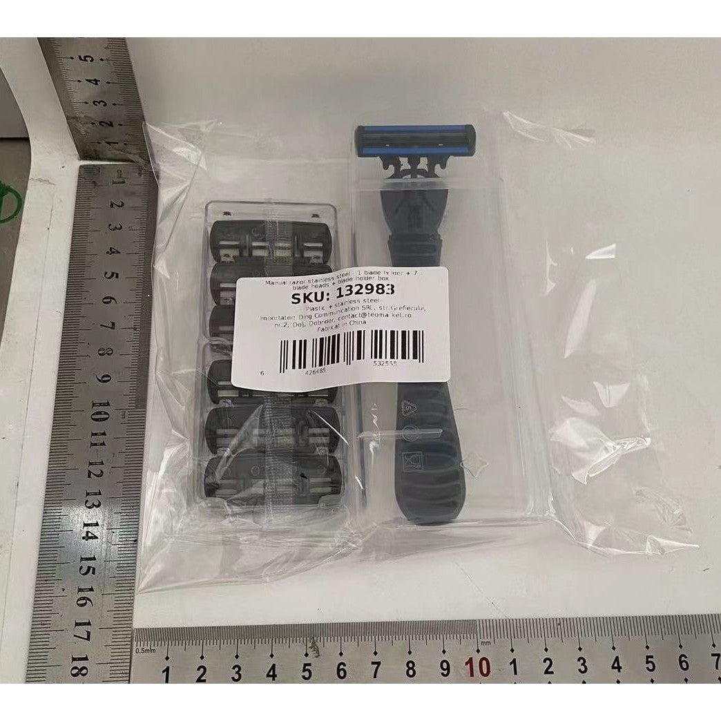 Aparat de Ras Manual, Flippy, din Otel Inoxidabil, Suport Lama + 7 Capete de Schimb Incluse, Cutie pentru Lame, Negru-4