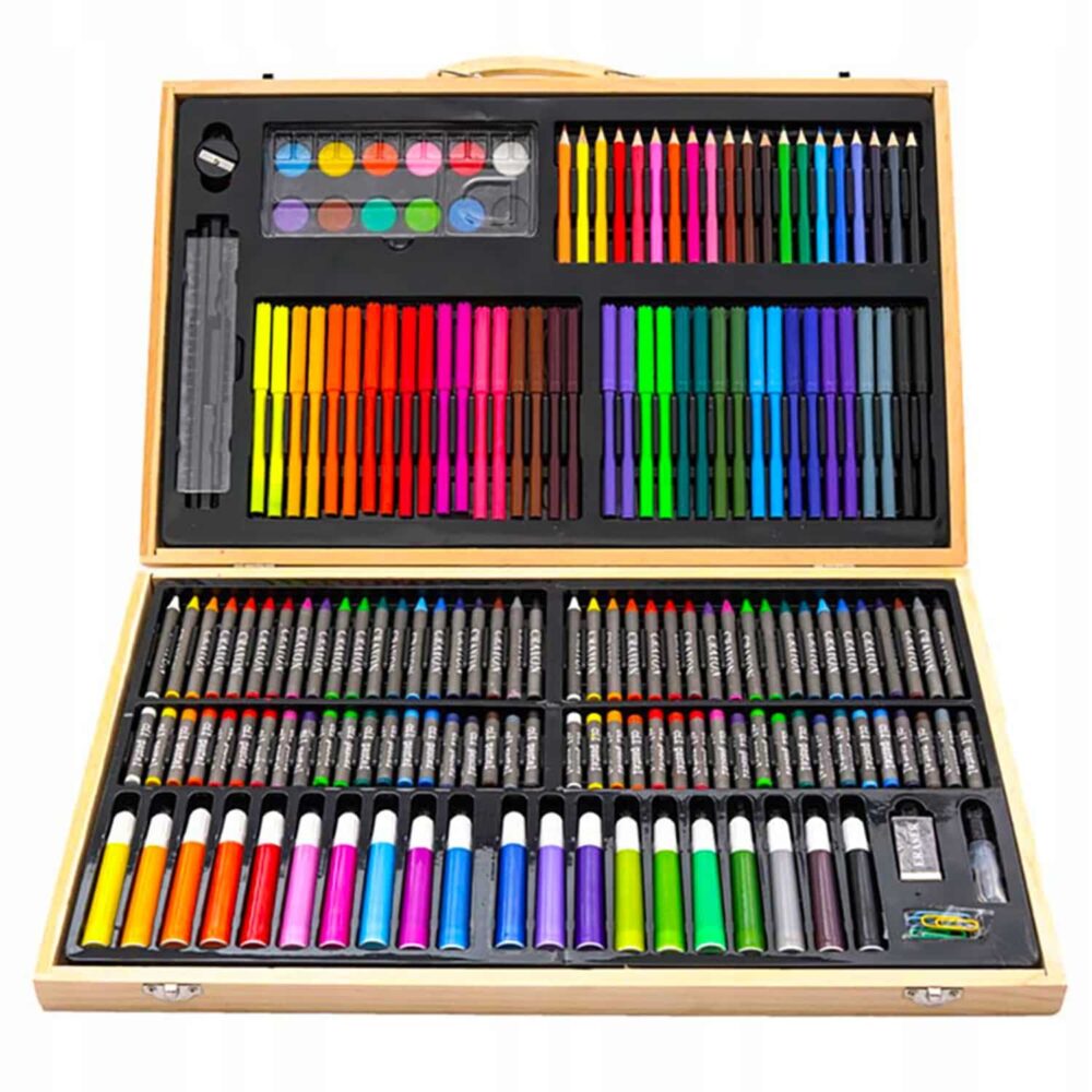 Set 180 piese pentru desen pentru copii sau adulti, creioane colorate, vopsele si markere, cu geanta de transport din LEMN MASIV, model AVX-WT-ART-10-3