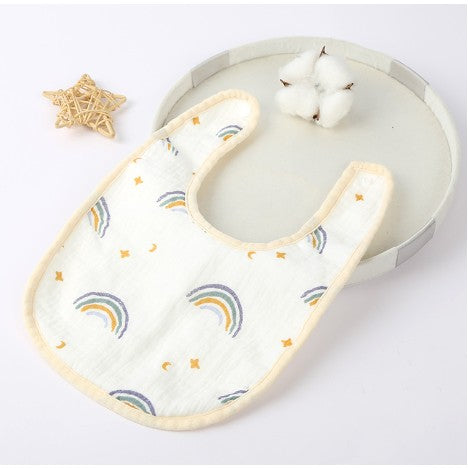 Baveta din Bumbac pentru Copii, Flippy, 0-12 Luni, 21x30 cm, Rezistenta la Apa, cu Capse, Model Curcubeu, Bej-0