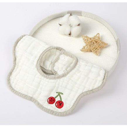 Baveta din Bumbac pentru Copii, Flippy, 0-12 Luni, 26x29 cm, Rezistenta la Apa, 8 Straturi, cu Capse, Model Tricotat cu Cirese, Alba-0
