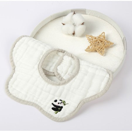 Baveta din Bumbac pentru Copii, Flippy, 0-12 Luni, 26x29 cm, Rezistenta la Apa, 8 Straturi, cu Capse, Model Tricotat cu Panda, Alba-0