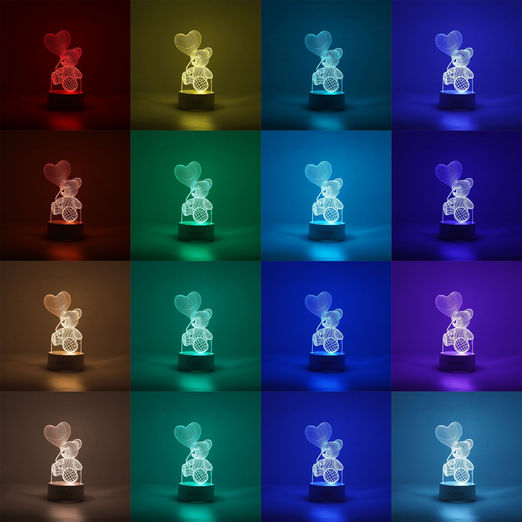 Lampa LED decorativa, Flippy, 3D, Ursulet cu balon inima, cu telecomanda, doua moduri de alimentare USB si baterii, 20 cm inaltime, din material acril si lumina multicolora, alb-2