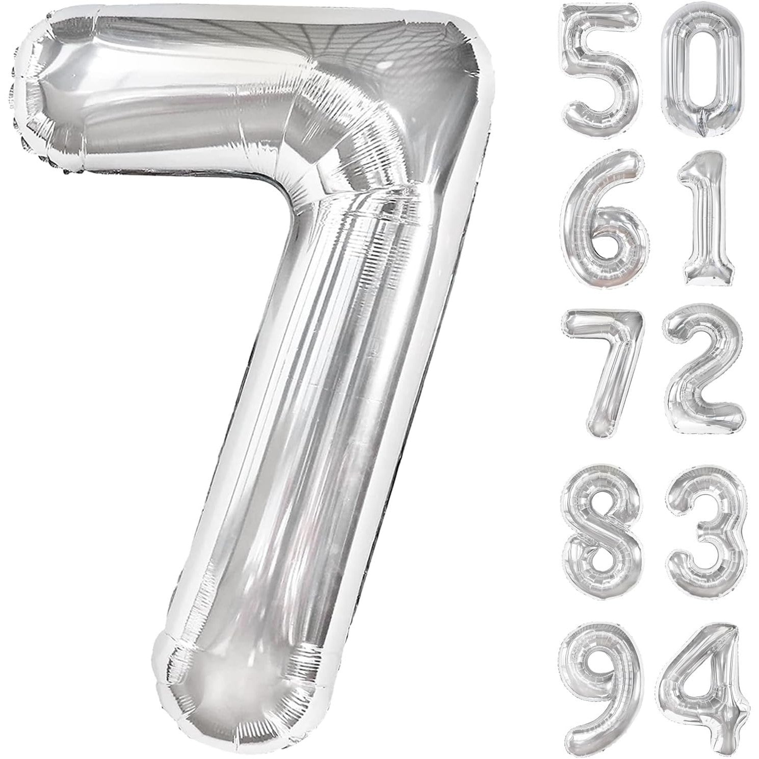Balon din Folie Metalizata, Flippy, Figurina Cifra, Tema Aniversare 100 cm, Ambalaj Individual, Pai inclus, Umflare cu Aer sau Heliu, Argintiu, Cifra 7-3