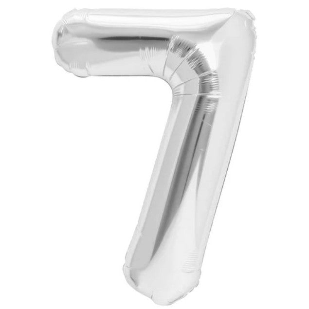 Balon din Folie Metalizata, Flippy, Figurina Cifra, Tema Aniversare 100 cm, Ambalaj Individual, Pai inclus, Umflare cu Aer sau Heliu, Argintiu, Cifra 7-0