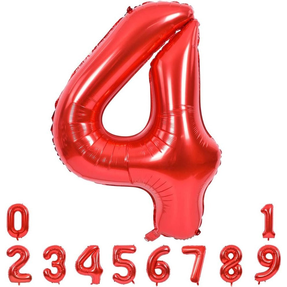 Balon din Folie Metalizata Flippy, Figurina Cifra, Tema Aniversare 100 cm, Ambalaj Individual, Pai inclus, Umflare cu Aer sau Heliu, Rosu, Cifra 4-1