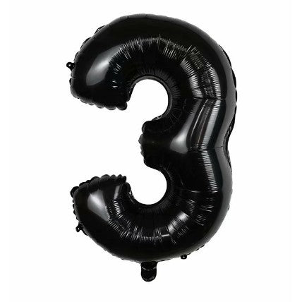 Balon din folie metalizata, Flippy, Balon aniversar, 40 cm, Negru, Ambalaj Individual, Pai Inclus, Cifra 3-0
