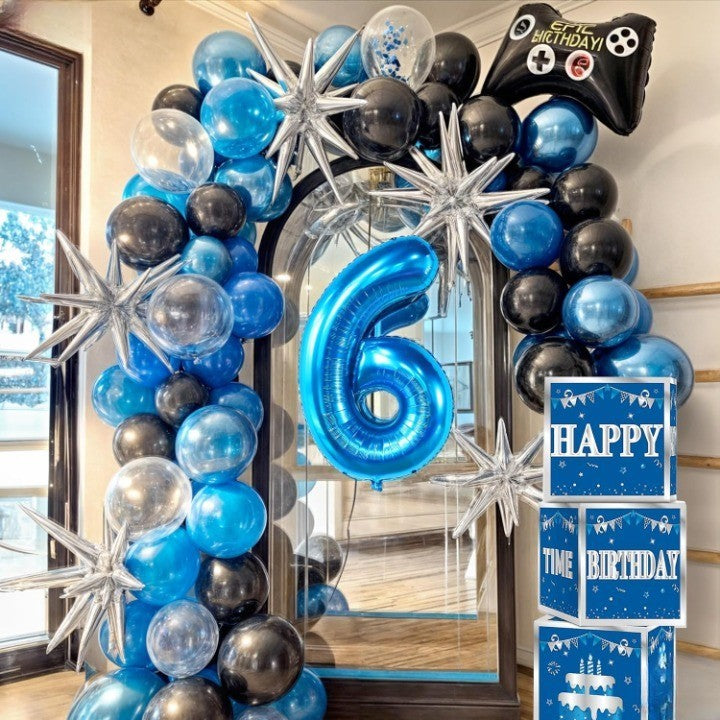 Balon din Folie Metalizata Flippy, Figurina Cifra, Tema Aniversare 100 cm, Ambalaj Individual, Pai inclus, Umflare cu Aer sau Heliu, Albastru, Cifra 6-4