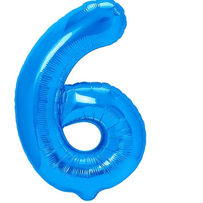 Balon din Folie Metalizata Flippy, Figurina Cifra, Tema Aniversare 100 cm, Ambalaj Individual, Pai inclus, Umflare cu Aer sau Heliu, Albastru, Cifra 6-0
