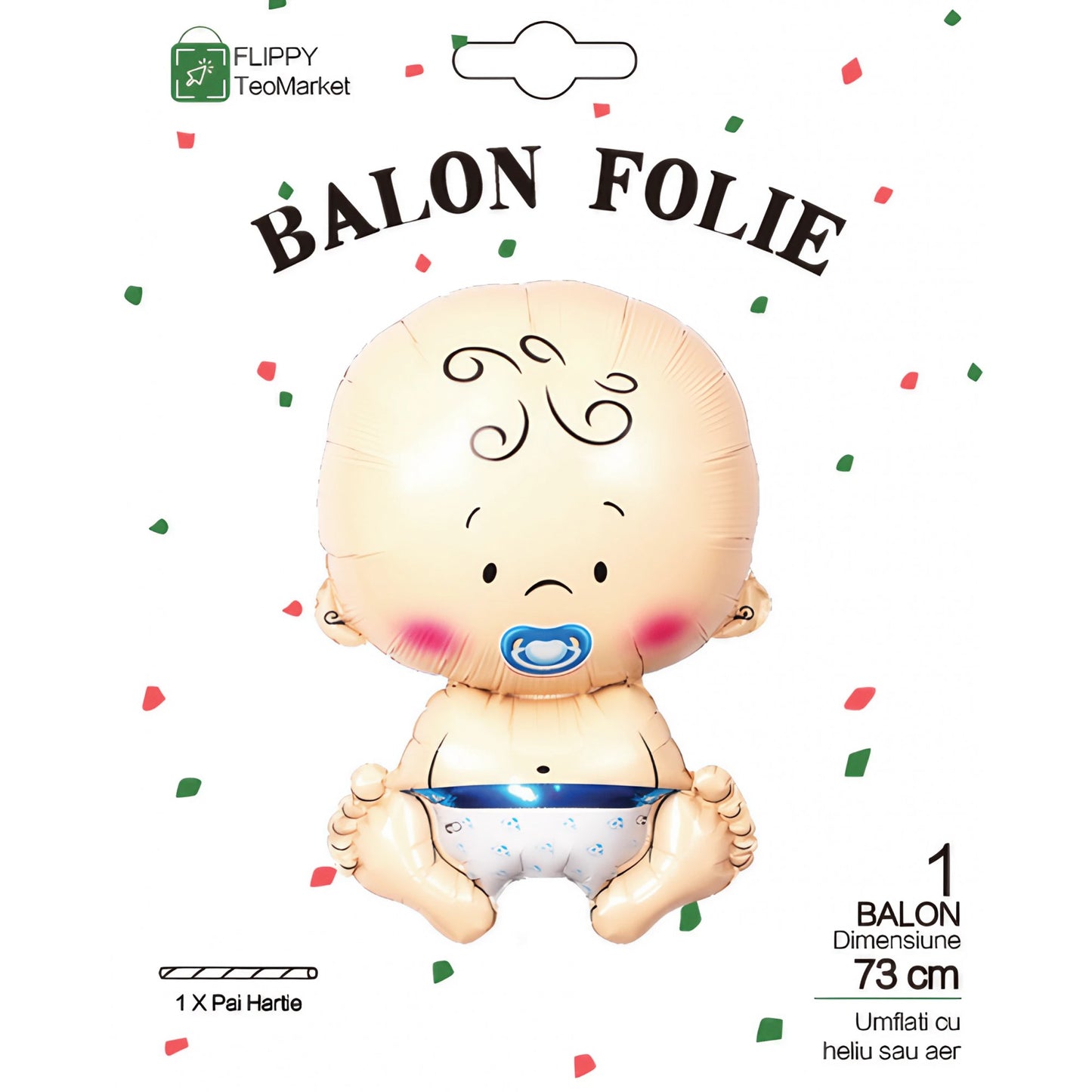 Balon din Folie Metalizata, Flippy, Figurina Baietel, Tema Botez, 73x48 cm, Ambalaj Individual, Pai Inclus, Umflare cu Aer sau Heliu, Albastru-9