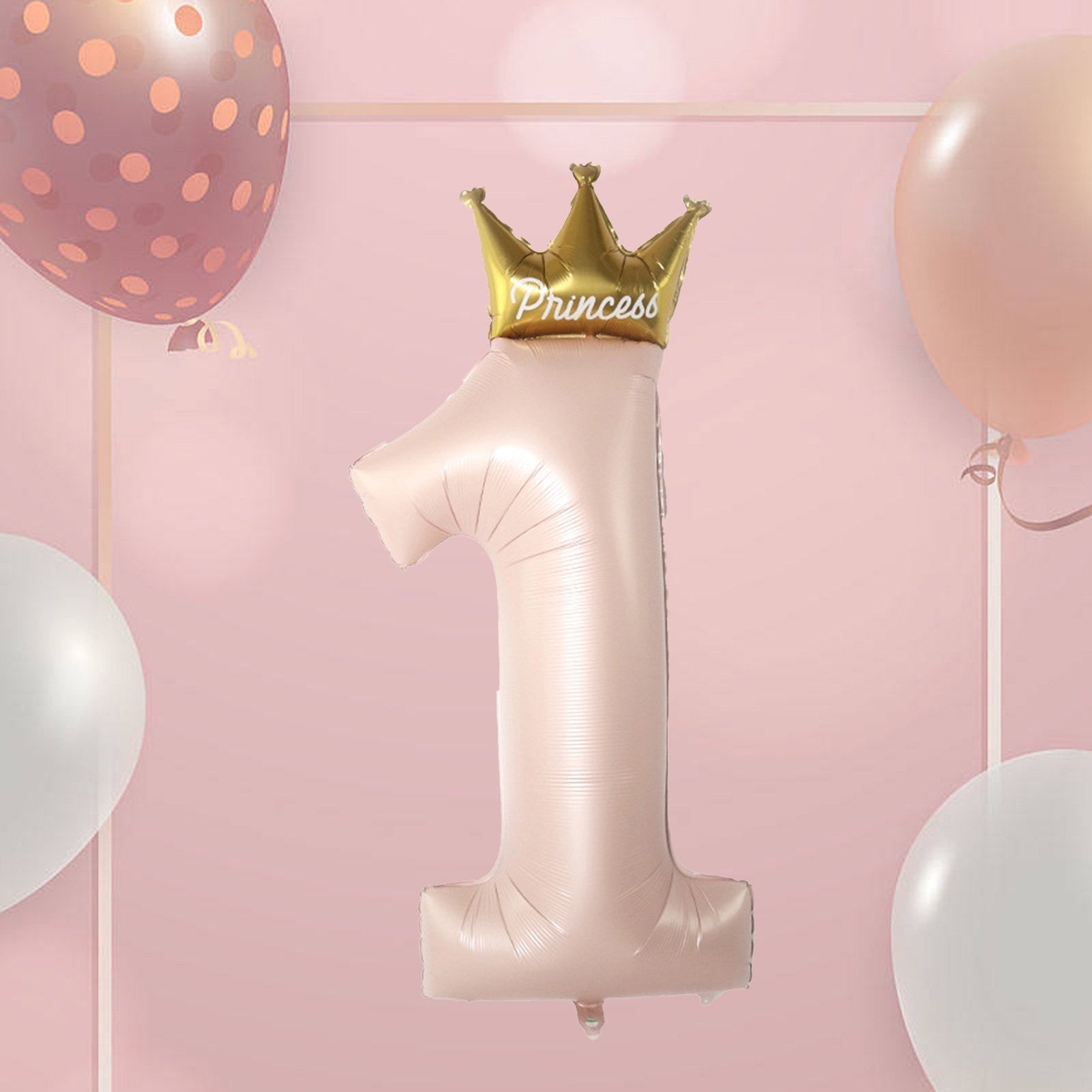 Balon din Folie Metalizata, Flippy, Figurina Cifra 1, Model Coroana Printesa, 91 cm, Ambalaj Individual, Pai inclus, Umflare cu Aer sau Heliu, Roz-2