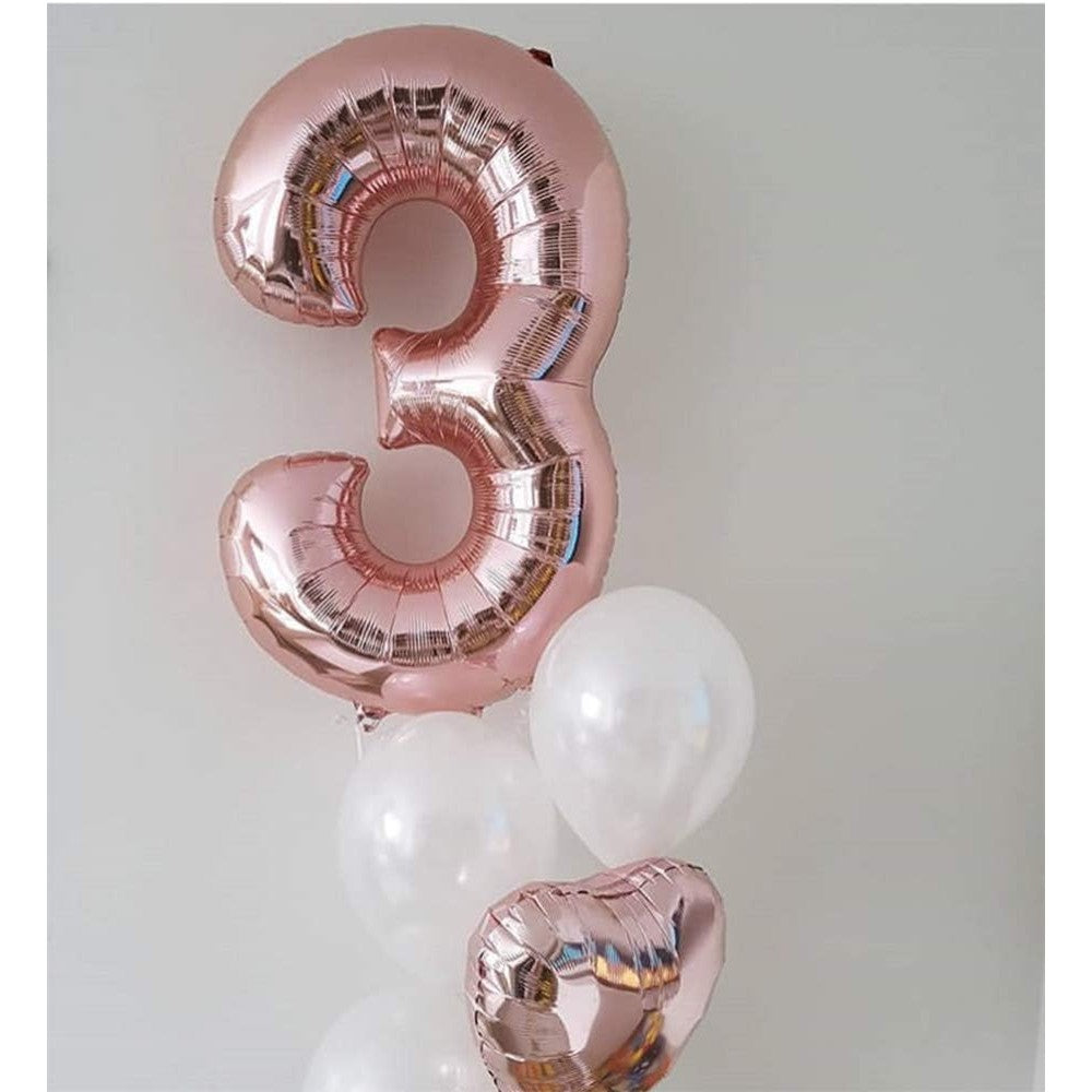 Balon din Folie Metalizata Flippy, Figurina Cifra, Tema Aniversare 100 cm, Ambalaj Individual, Pai inclus, Umflare cu Aer sau Heliu, Coral, Rose Gold, Cifra 3-3