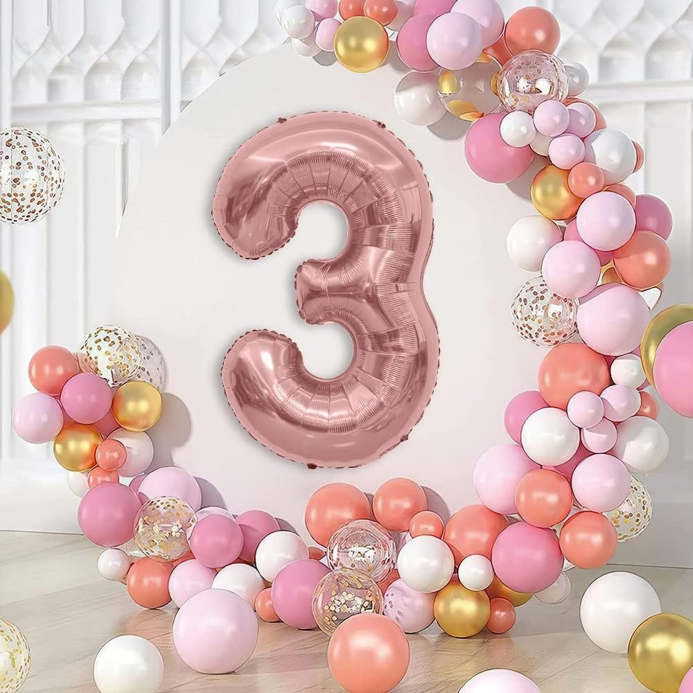 Balon din Folie Metalizata Flippy, Figurina Cifra, Tema Aniversare 100 cm, Ambalaj Individual, Pai inclus, Umflare cu Aer sau Heliu, Coral, Rose Gold, Cifra 3-5