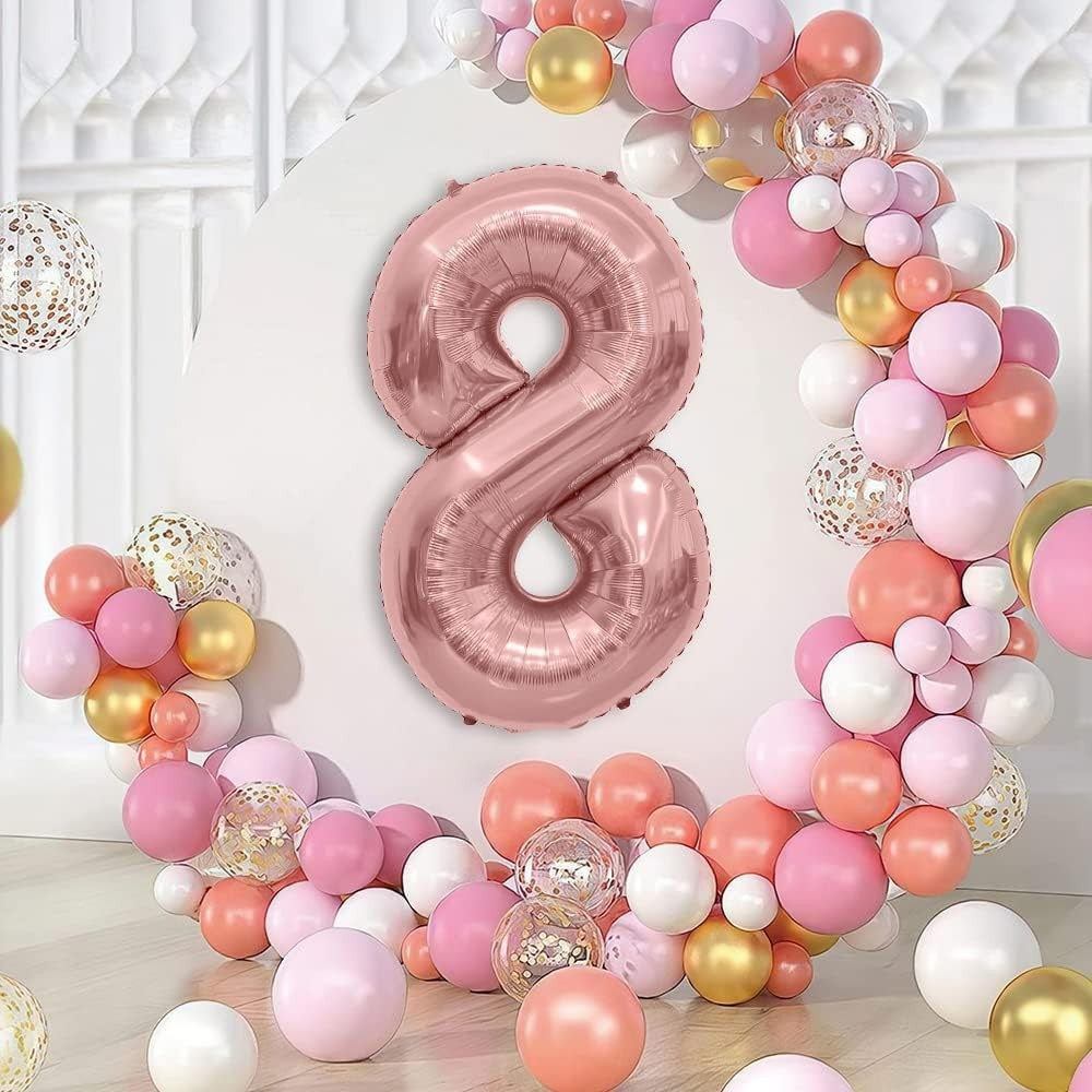 Balon din Folie Metalizata Flippy, Figurina Cifra, Tema Aniversare 100 cm, Ambalaj Individual, Pai inclus, Umflare cu Aer sau Heliu, Coral, Rose Gold, Cifra 8-2