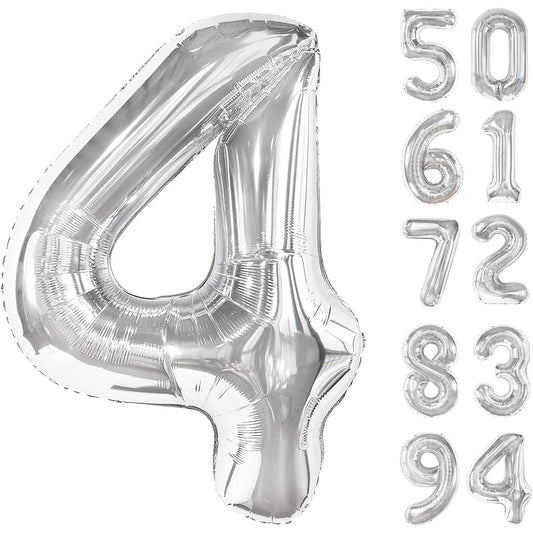 Balon din Folie Metalizata, Flippy, Figurina Cifra, Tema Aniversare 100 cm, Ambalaj Individual, Pai inclus, Umflare cu Aer sau Heliu, Argintiu, Cifra 4-1