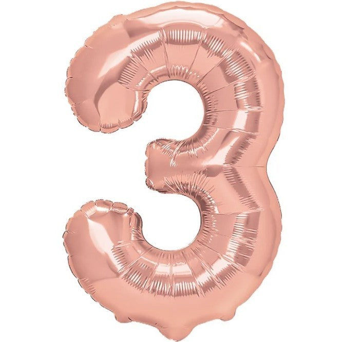 Balon din Folie Metalizata Flippy, Figurina Cifra, Tema Aniversare 100 cm, Ambalaj Individual, Pai inclus, Umflare cu Aer sau Heliu, Coral, Rose Gold, Cifra 3-0
