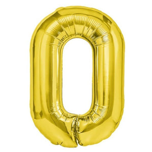 Balon din Folie Metalizata Flippy, Figurina Cifra, Tema Aniversare 100 cm, Ambalaj Individual, Pai inclus, Umflare cu Aer sau Heliu, Auriu, Cifra 0-0