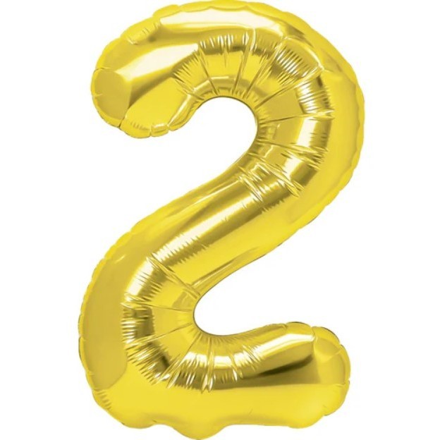 Balon din Folie Metalizata Flippy, Figurina Cifra, Tema Aniversare 100 cm, Ambalaj Individual, Pai inclus, Umflare cu Aer sau Heliu, Auriu, Cifra 2-0