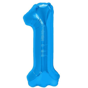 Balon din Folie Metalizata, Flippy, Figurina Cifra, Tema Aniversare 100 cm, Ambalaj Individual, Pai inclus, Umflare cu Aer sau Heliu, Albastru, Cifra 1-0