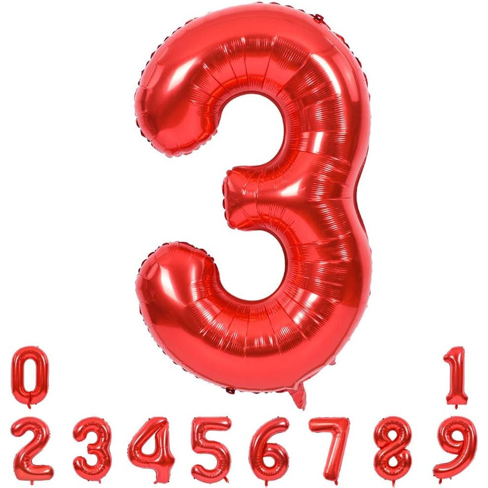 Balon din Folie Metalizata Flippy, Figurina Cifra, Tema Aniversare 80 cm, Ambalaj Individual, Pai inclus, Umflare cu Aer sau Heliu, Rosu, Cifra 3-4