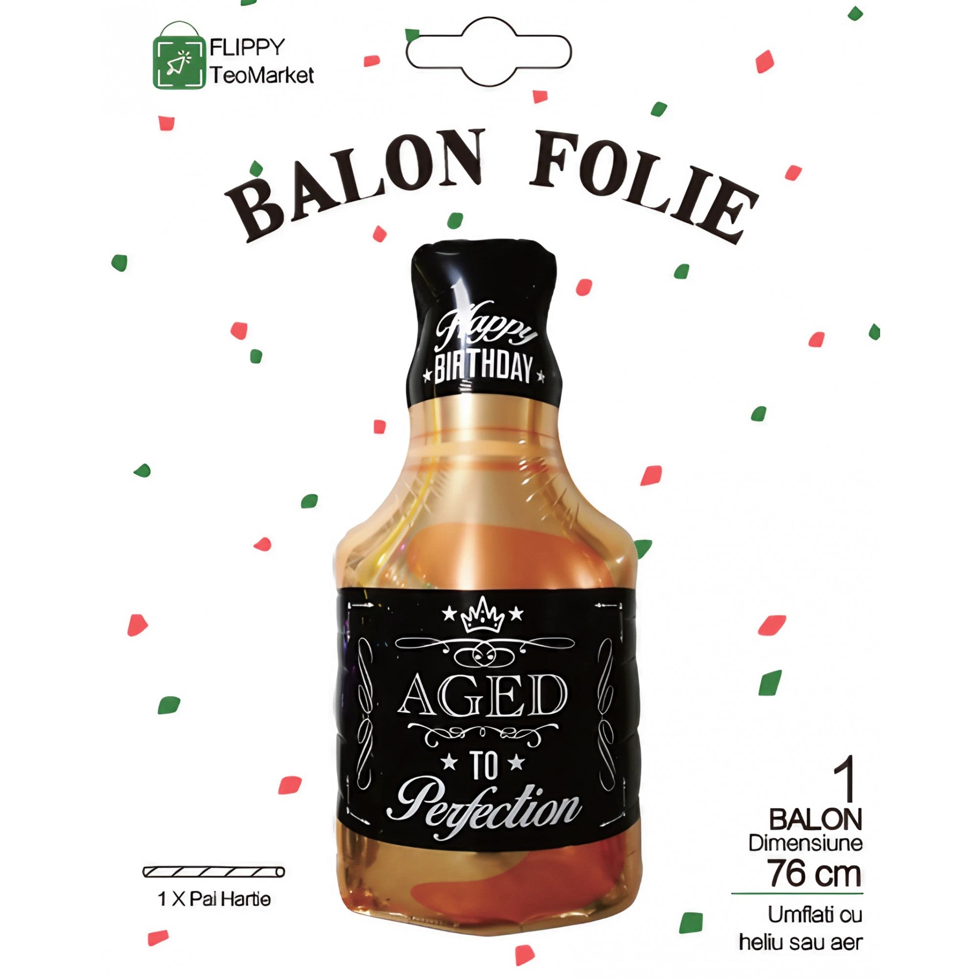 Balon din Folie Metalizata, Flippy, Figurina Sticla de Whisky, Tema Aniversare, 90x45 cm, Ambalaj Individual, Pai Inclus, Umflare cu Aer sau Heliu, Maro-5