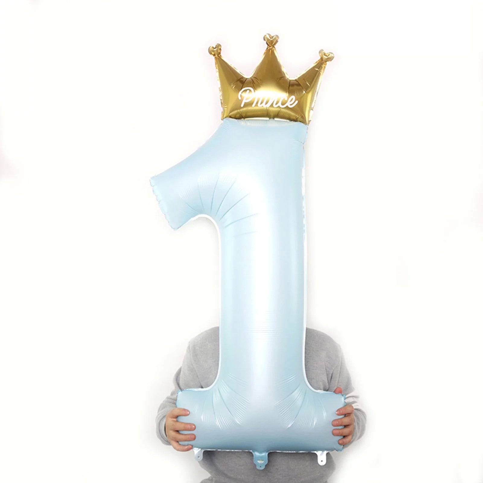 Balon din Folie Metalizata, Flippy, Figurina Cifra 1, Model Coroana Print, 91 cm, Ambalaj Individual, Pai inclus, Umflare cu Aer sau Heliu, Albastru-1