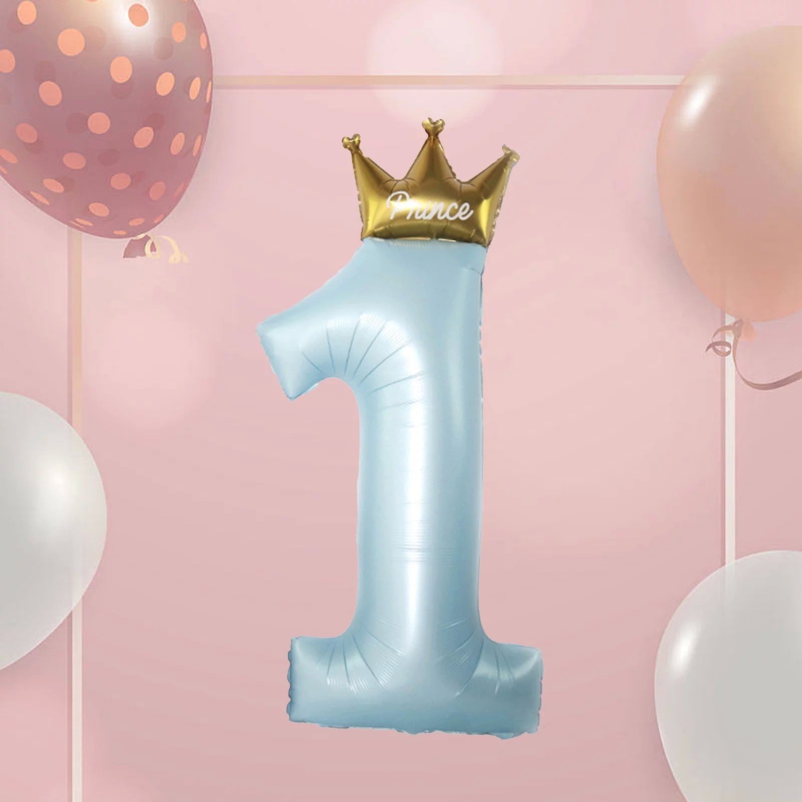 Balon din Folie Metalizata, Flippy, Figurina Cifra 1, Model Coroana Print, 91 cm, Ambalaj Individual, Pai inclus, Umflare cu Aer sau Heliu, Albastru-2
