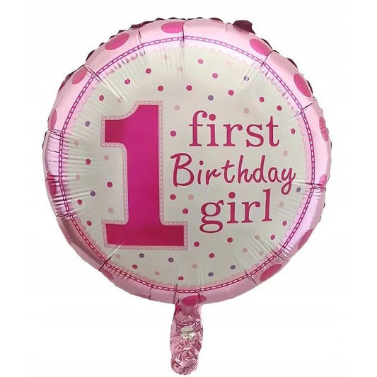 Balon din Folie Metalizata, Flippy, Prima Aniversare, Model First Birthday Girl, 45 cm, Ambalaj Individual, Pai Inclus, Roz-1