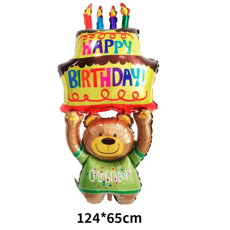 Balon din folie metalizata model Ursuleț cu tort, Balon aniversar, Model Birthday bear Cake, 124x65 cm, Multicolor-0