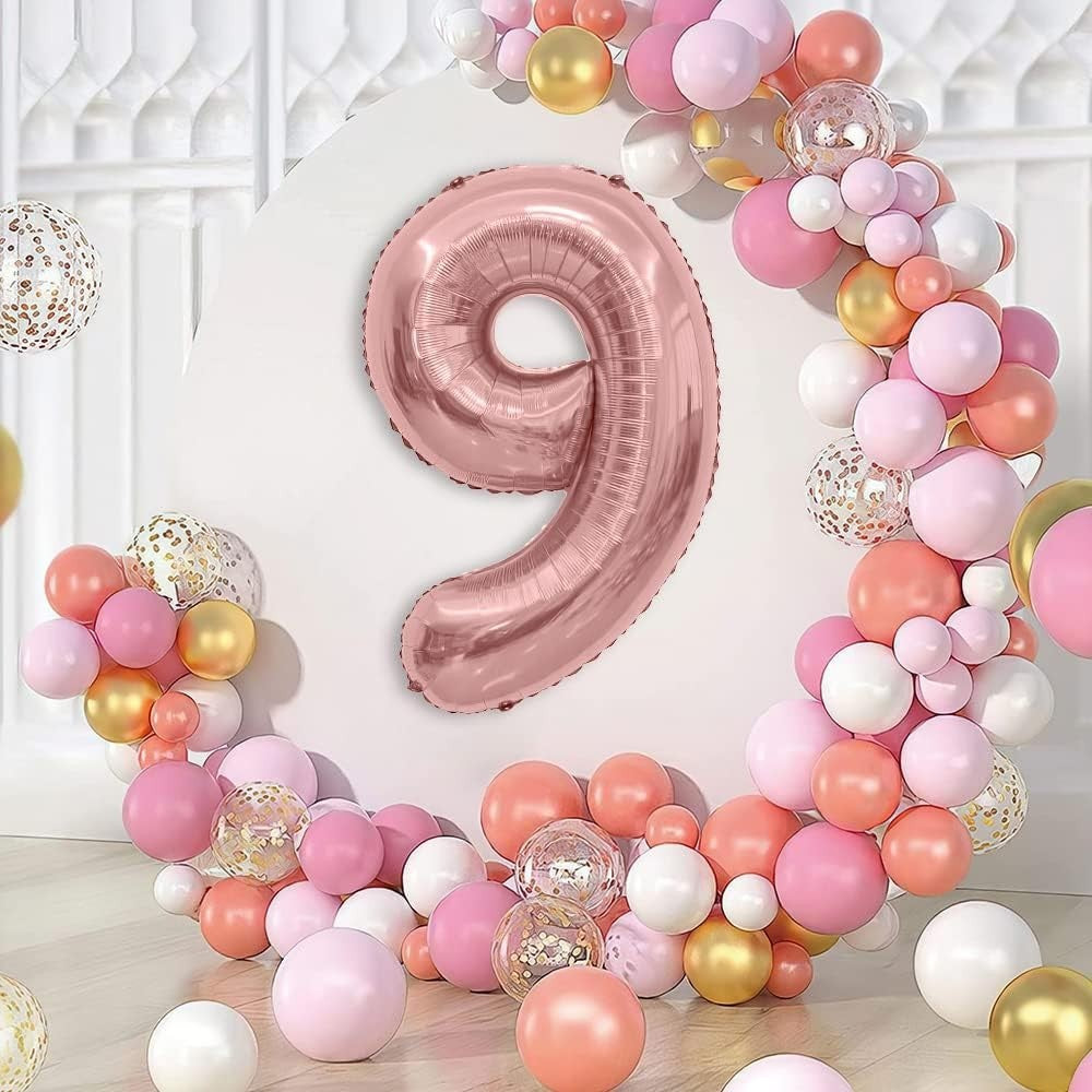 Balon din Folie Metalizata Flippy, Figurina Cifra, Tema Aniversare 100 cm, Ambalaj Individual, Pai inclus, Umflare cu Aer sau Heliu, Coral, Rose Gold, Cifra 9-1