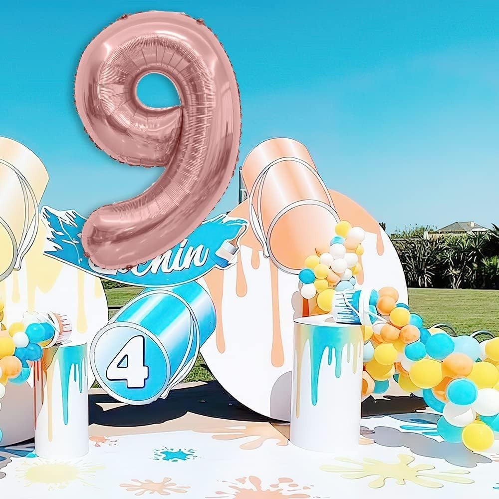 Balon din Folie Metalizata Flippy, Figurina Cifra, Tema Aniversare 100 cm, Ambalaj Individual, Pai inclus, Umflare cu Aer sau Heliu, Coral, Rose Gold, Cifra 9-2
