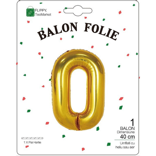 Balon Folie Metalizata Cifra 0, Flippy, 40 cm, Ambalaj Individual, Pai Inclus, Auriu-1