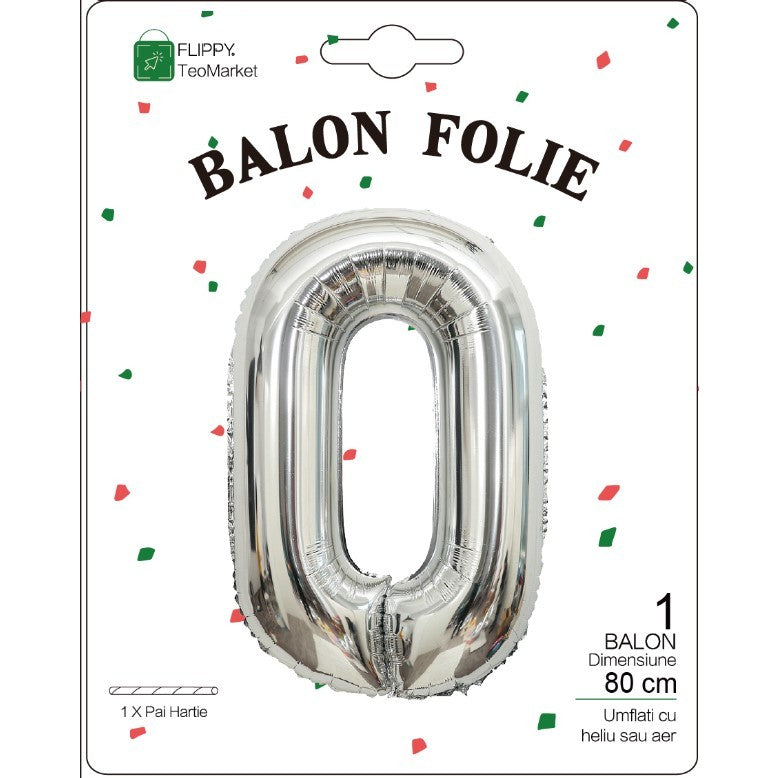 Balon Folie Metalizata Cifra 0, Flippy, 80 cm, Ambalaj Individual, Pai inclus, Argintiu-1
