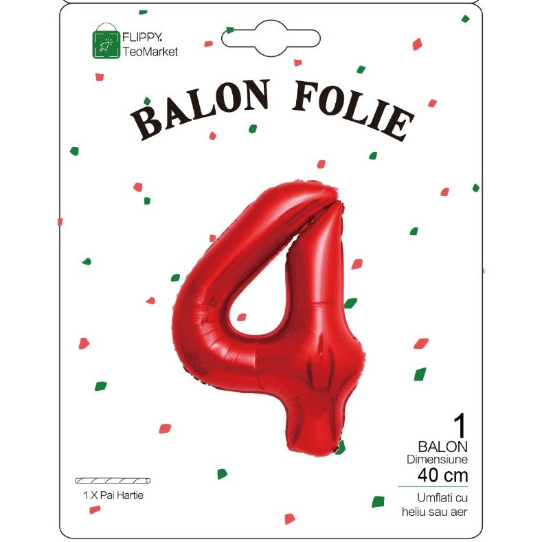 Balon Folie Metalizata Cifra 4, Flippy, 40 cm, Ambalaj Individual, Pai Inclus, Rosu-1