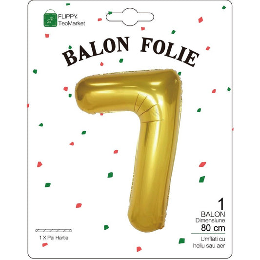 Balon Folie Metalizata Cifra 7, Flippy, 80 cm, Umflati cu Heliu sau Aer, Ambalaj Individual, Auriu-1
