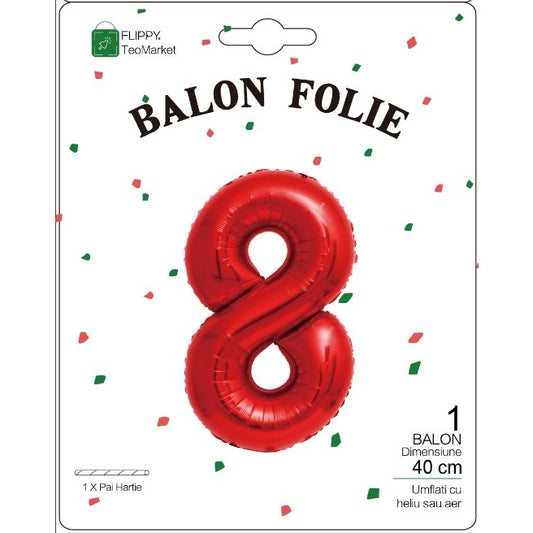 Balon Folie Metalizata Cifra 8, Flippy, 40 cm, Ambalaj Individual, Pai Inclus, Rosu-1