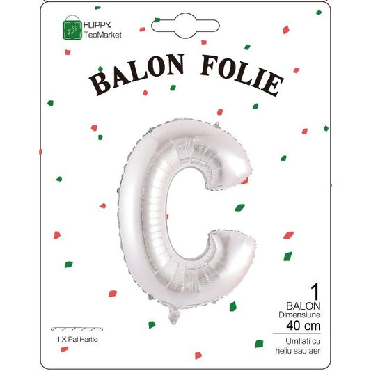 Balon Folie Metalizata Litera C, Flippy, 40 cm, Umflati cu Heliu sau Aer, Ambalaj Individual, Pai inclus, Argintiu-1