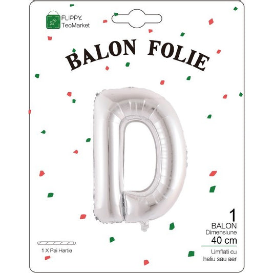 Balon Folie Metalizata Litera D, Flippy, 40 cm, Umflati cu Heliu sau Aer, Ambalaj Individual, Pai inclus, Argintiu-1